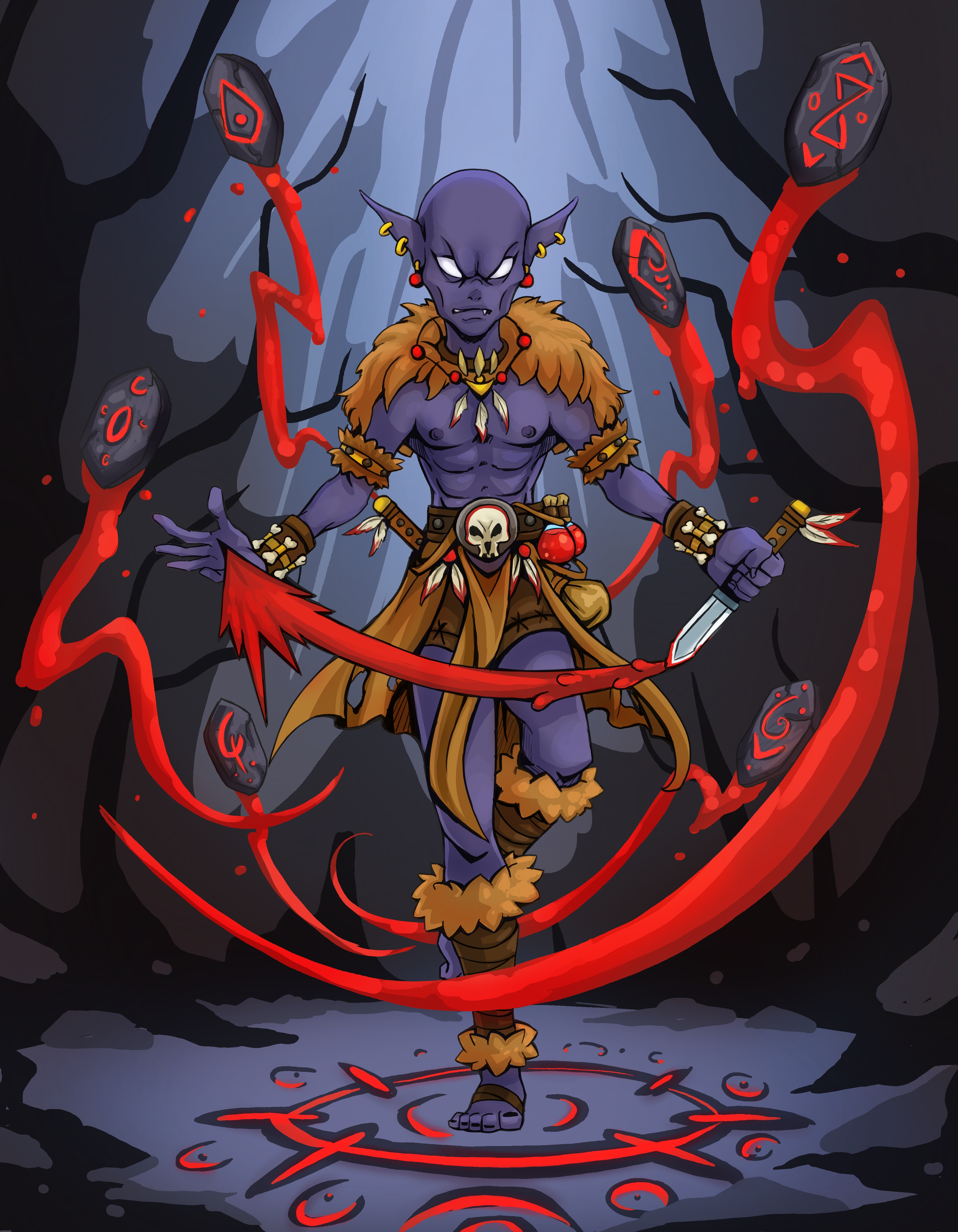 Tlapali marcado con simbolos de sangre tonal en un ritual oscuro.