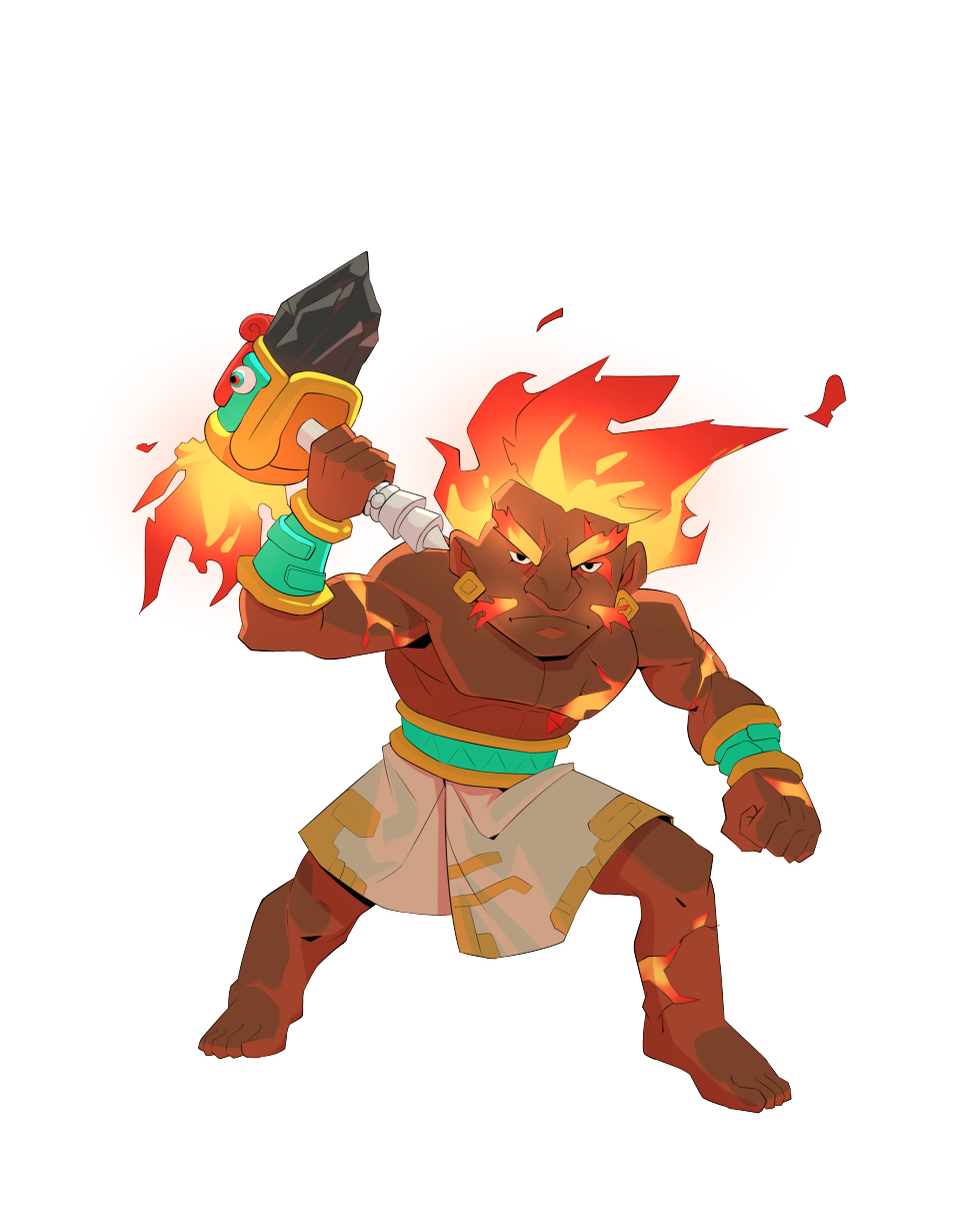 Zilo, dios del fuego, ardiendo con energia volcanica y voluntad indomable.